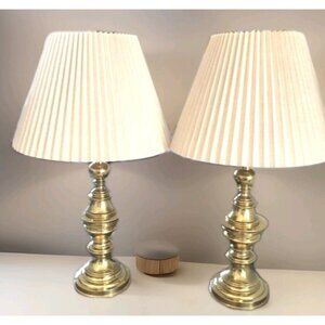 Mid Century Modern Stiffel Hollywood Regency Brass Trophy Lamps With Pleated Sha